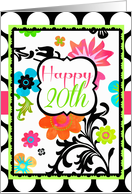 Happy 20th Birthday, Bright Tropical Floral on polka dots! card