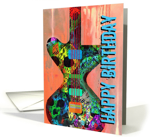 Happy Birthday Cool Electric Guitar with Skulls on Wood! card (955779)