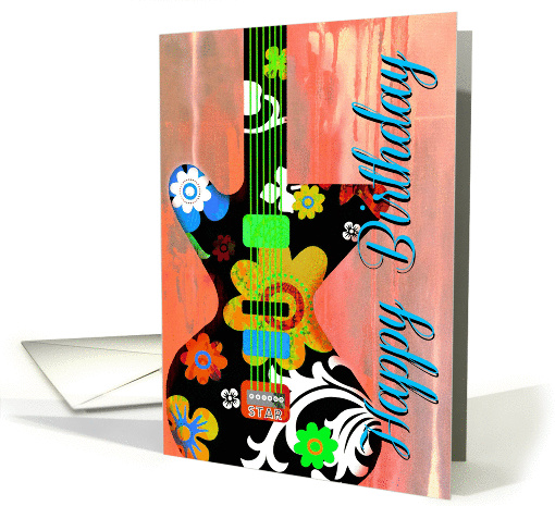 Happy Birthday Cool Electric Guitar with Floral Design on Wood! card