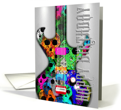 Happy Birthday Cool Electric Guitar with Skulls on Metal! card