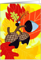 Happy Thanksgiving Across the Miles with Three Acorns on Fall Leaves! card