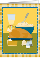 Happy Thanksgiving Dinner Feast on green with Plaid Background! card