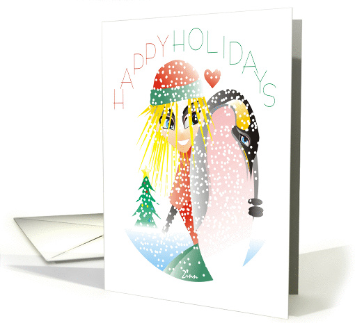 Happy Holidays Cartoon Girl and Penguin Penquins Love... (872208)