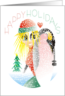 Happy Holidays Cartoon Girl and Penguin Penquins Love Holidays Too! card