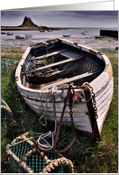 Old boat & Lindisfarne Castle, Northumberland Coast - Blank card