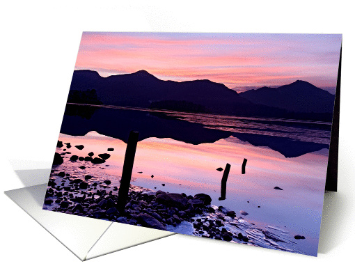 Pink winter sunset - Derwentwater, The Lake District - Blank card