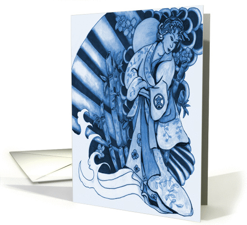 Geisha in Blue, hand Drawn card (875695)