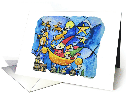 Santa Claus and Reindeer, Stained Glass Style, Christmas card