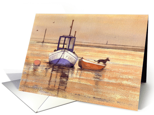 Sunset Harbour with Boat and Dog Blank Inside card (889793)