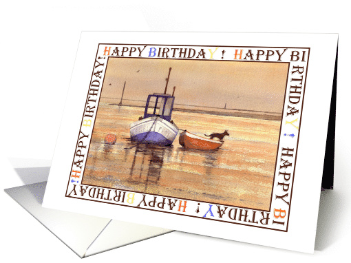 Sunset Harbour with Boat and Dog Birthday card (889813)