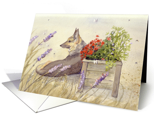 Dog Days, German Shepherd Among Flowers, Blank Inside Note card