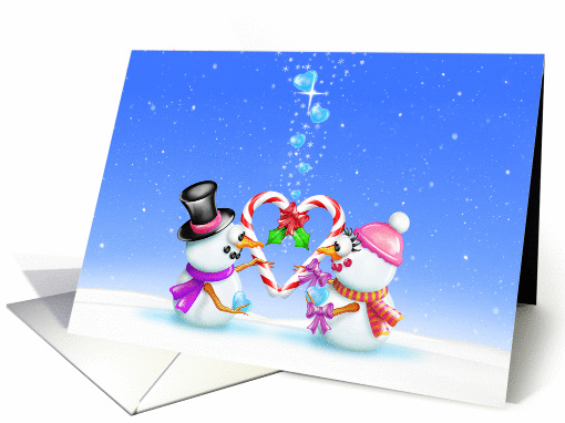 Heartfelt Seasons Greetings, Whimsical Snowmen Candy Cane Heart card
