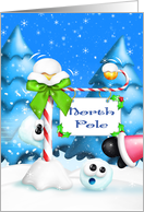 Merry Christmas, Whimsical, Humorous Snowball & North Pole Sign card