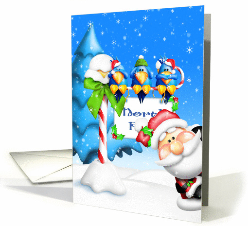 Merry Christmas, Whimsical, Santa, Silly Birds & North Pole Sign card