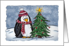 Cute Holiday Cartoon Penguin with Tree card