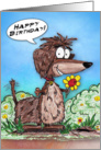 Cartoon Dachshund Digging up Flowers Happy Birthday Card