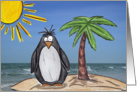 Cartoon Penguin on Beach Miss You Card