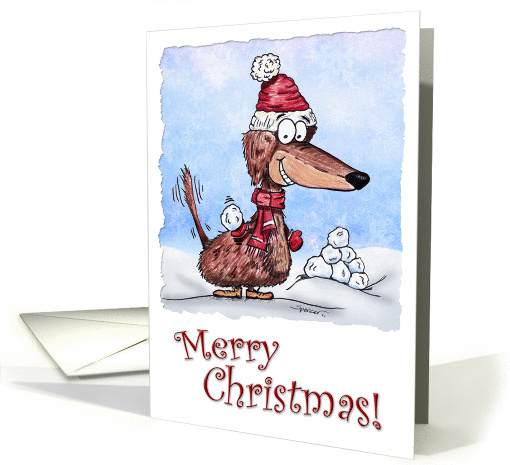 Merry Christmas Mini Dachshund with Snowball card (1000669)