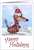 Happy Holidays Mini Dachshund with Snowball card