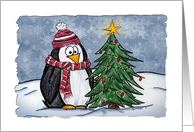 Cute Holiday Cartoon Penguin with Tree card