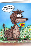 Cartoon Dachshund Digging up Flowers Happy Birthday Card