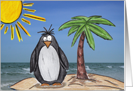 Cartoon Penguin on Beach Miss You Card