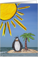 Happy Birthday, Cartoon Penguin on Island With Sun card