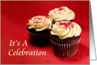 It’s a Celebration, White Frosted Cupcakes on a Red Background. card