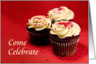 Come Celebrate, White Frosted Cupcakes on a Red Background. card