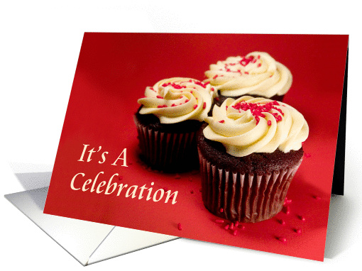 It's a Celebration, White Frosted Cupcakes on a Red Background. card