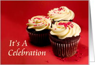 It’s a Celebration, White Frosted Cupcakes on a Red Background. card