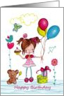 Happy Birthday - Little Girl with balloons and her bear card