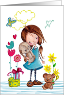 Happy Birthday - Little Girl with her dog and bear - Spring card