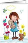 Happy Birthday - Little Girl with her dog and bear - Spring card