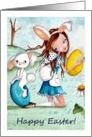 Happy Easter - Girl with Easter Bunny and eggs. card