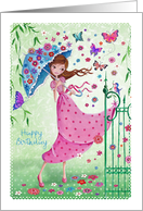 Happy Birthday - Girl with flowers card