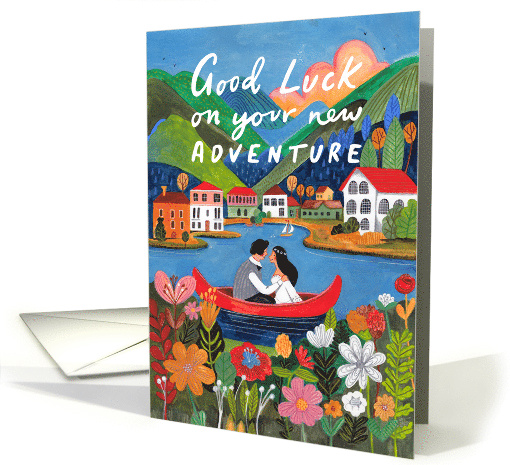 Adventure Wedding Couple in a Boat looking over Mountains card