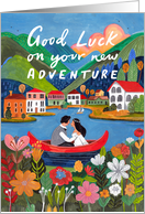Adventure Wedding Couple in a Boat looking over Mountains card
