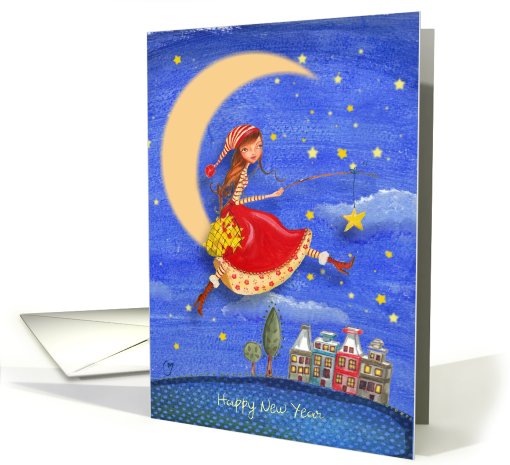 New Year - Girl on the moon - Catching stars card (888951)