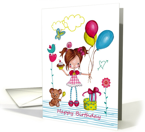 Happy Birthday - Little Girl with balloons and her bear card (910586)