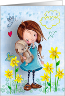 Happy Birthday - Little Girl with her dog pet - Spring card