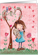 Happy Birthday - Little Girl with her dog pet - Spring card