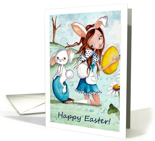 Happy Easter - Girl with Easter Bunny and eggs. card (911536)