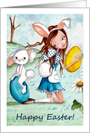 Happy Easter - Girl with Easter Bunny and eggs. card