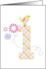 Happy First Birthday, Bird, Flowers, Big Plaid ’1’ card