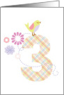 Happy 3rd Birthday, Bird, Flowers & Large Plaid ’3’ card