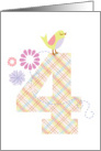 Happy 4th Birthday, Bird, Flowers & Large Plaid ’4’ card