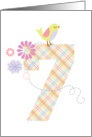 Happy 7th Birthday, Bird, Flowers & Big Plaid ’7’ card