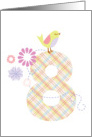 Happy 8th Birthday, bird, Flowers & Big Plaid ’8’ card