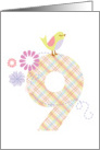 Happy 9th Birthday, Bird, Flowers & Big Plaid ’9’ card